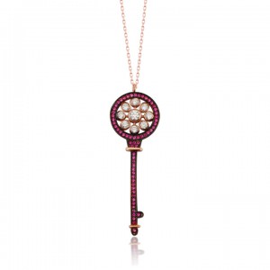 Pembe Beyaz Taşlı Anahtar Bayan Gümüş Kolye