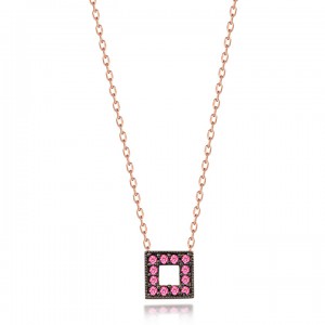 Pembe Taşlı Kare Minimal Minimal Taşlı Kalp Bayan Gümüş Kolye