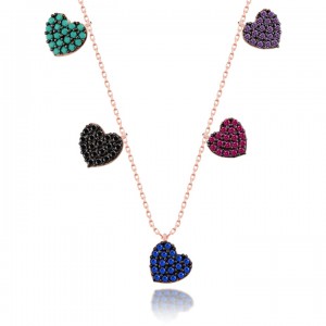 Renkli Kalpli  Bayan Gümüş Kolye