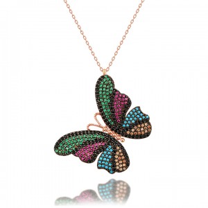 Renkli Taşlı Büyük Kelebek Bayan Gümüş Kolye