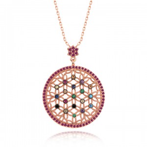 Renkli Taşlı Çiçek Desenli Yuvarlak Bayan Gümüş Kolye