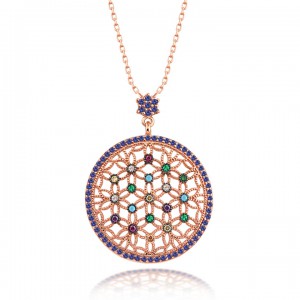 Renkli Taşlı Çiçek Madalyo Taşlı  Bayan Gümüş Kolye