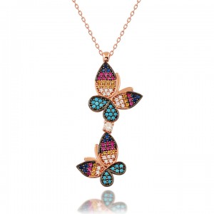Renkli Taşlı Çift Kelebek  Bayan Gümüş Kolye