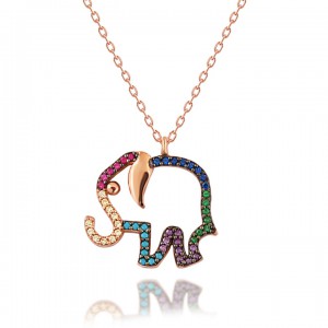 Renkli Taşlı Fil Bayan Gümüş Kolye