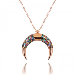 Renkli Taşlı Hilal Gümüş Kolye