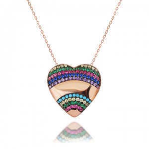 Renkli Taşlı Kalp Rose Kaplama Bayan Gümüş Kolye