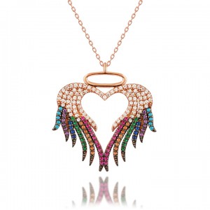 Renkli Taşlı Tasarım Kalpli Bayan Gümüş Kolye Renkli Taşlı Tasarım Kalpli Bayan Gümüş Kolye