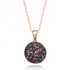 Renkli Taşlı Yuvarlak Bayan Gümüş Kolye Renkli Taşlı Yuvarlak Bayan Gümüş Kolye