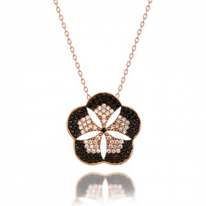 Siyah Beyaz Taşlı Çiçek Desenli Bayan Gümüş Kolye Siyah Beyaz Taşlı Çiçek Desenli Bayan Gümüş Kolye