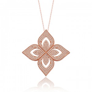 Yapraklar Beyaz Taşlı Bayan Gümüş Kolye