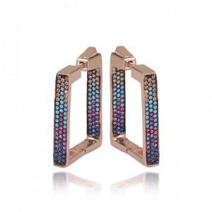 Renkli Taşlı Kare Rose Kaplama Bayan Gümüş Küpe Model-2