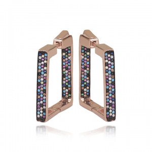 Renkli Taşlı Kare Rose Kaplama Bayan Gümüş Küpe Model-3