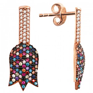 Renkli Taşlı Lale Rose Kaplama Bayan Gümüş Küpe