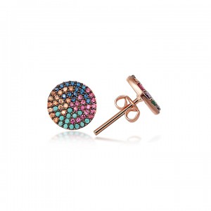 Renkli Taşlı Mini Yuvarlak Bayan Gümüş Küpe