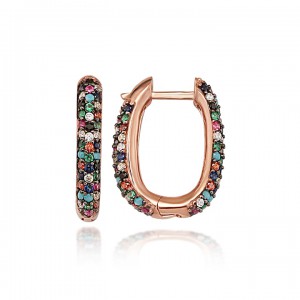 Renkli Taşlı Oval Halka Abiye  Bayan Gümüş Küpe