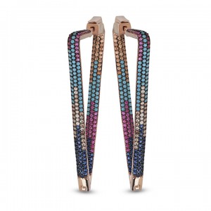 Renkli Taşlı Üçgen Fanazi Rose Kaplama  Bayan Gümüş Küpe