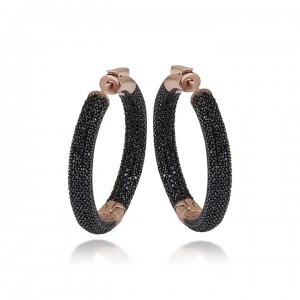 Siyah Taşlı Halka Rose Kaplama  Bayan Gümüş Küpe