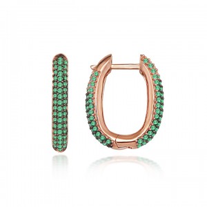 Yeşil Taşlı Oval Halka Abiye  Bayan Gümüş Küpe