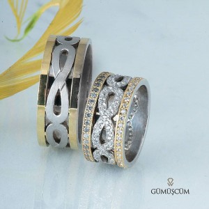 Sonsuzluk Modeli Siyah Taşlı Gümüş Alyans Çifti Sonsuzluk Modeli Siyah Taşlı Gümüş Alyans Çifti