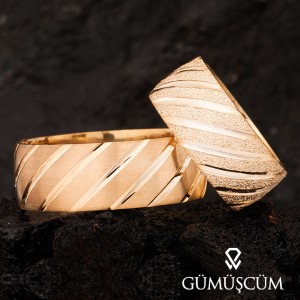 Dalga Simli Altın Kaplama Gümüş Alyans Çifti 
