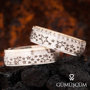 Yıldız Gümüş Alyans Modeli Taşlı Alyans Çifti
