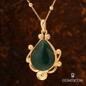 Jade Yeşim Taşlı Otantik Altın Kaplama Gümüş Kadın Kolye