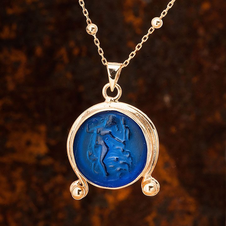 Mavi Taşlı Afrodit Baskılı Altın Kaplama Kadın Gümüş Koyle