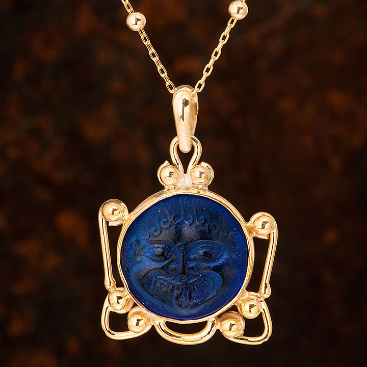 Mavi Taşlı Astek Cam Baskı Altın Kaplama Otantik Kadın Gümüş Kolye