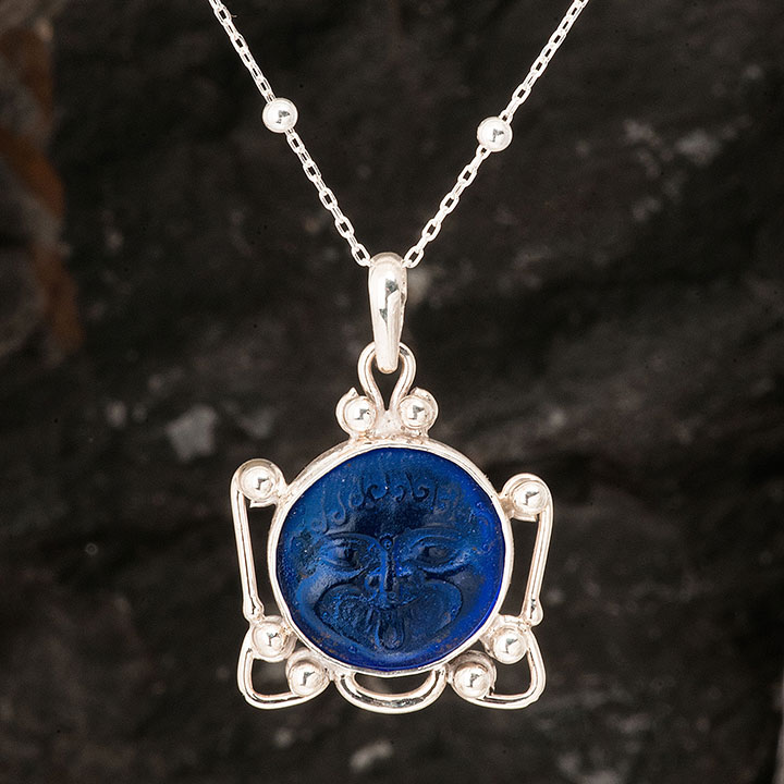 Mavi Taşlı Astek Cam Baskı Otantik Kadın Gümüş Kolye