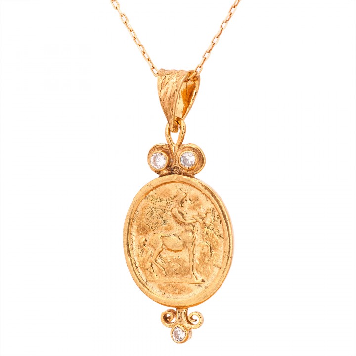 Antik Roma Parası Altın Kaplama Taşlı Bayan Gümüş Kolye