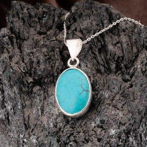 Firuze Taşlı Bayan Gümüş Oval Kolye