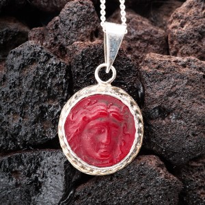 Cam Baskı Antik Bayan Gümüş Kolye