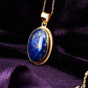 Lapis Taşlı Altın Kaplama Bayan Gümüş Oval Kolye 
