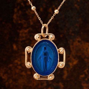 Mavi Taşlı Meryem Ana Baskılı Altın Kaplama Kadın Gümüş Kolye