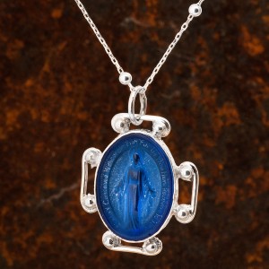 Mavi Taşlı Meryem Ana Baskılı Bayan Gümüş Kolye