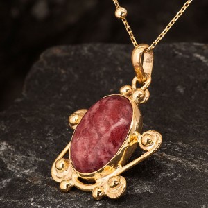 Pembe Akik Taşlı Otantik Altın Kaplama Gümüş Kadın Kolye