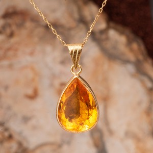 Sarı Topaz Taşlı Altın Kaplama Bayan Gümüş Damla Kolye 