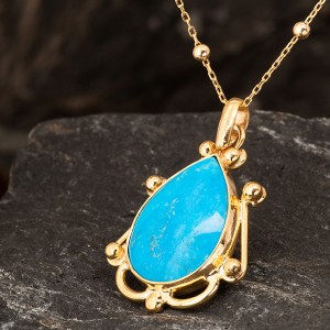 Turkuaz Taşlı Otantik Altın Kaplama Gümüş Kadın Kolye