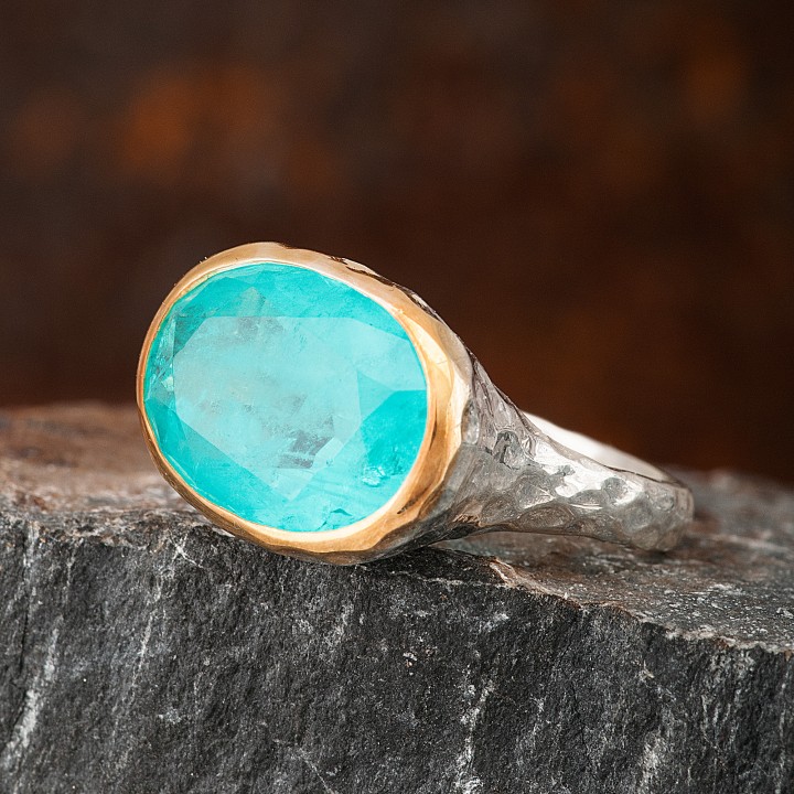 Paraiba Tourmaline Oval Taşlı Dövme Otantik Kadın Gümüş Yüzük