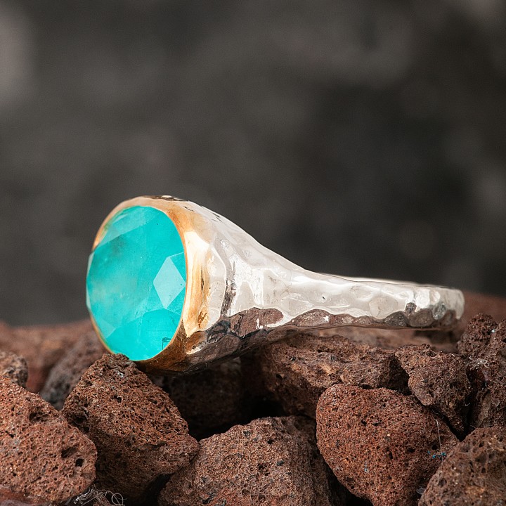 Paraiba Tourmaline Oval Taşlı Dövme Otantik Kadın Gümüş Yüzük