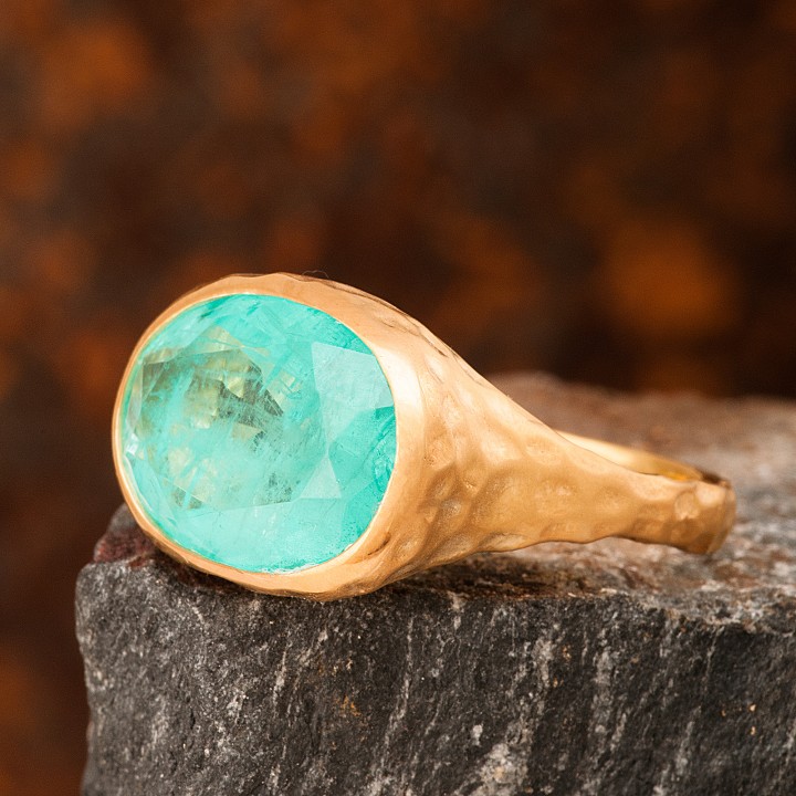 Paraiba Tourmaline Oval Taşlı Dövme Otantik Kadın Altın Kaplama Gümüş Yüzük