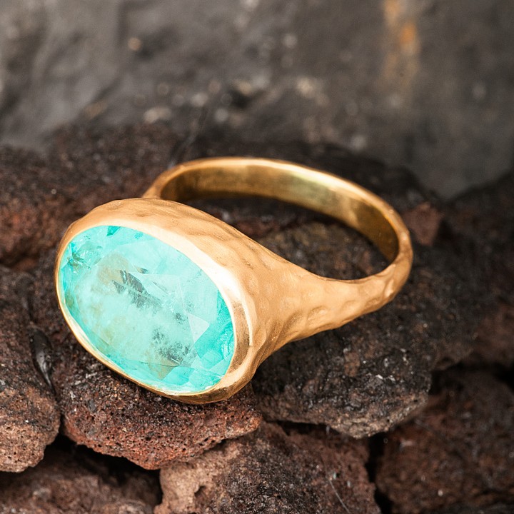 Paraiba Tourmaline Oval Taşlı Dövme Otantik Kadın Altın Kaplama Gümüş Yüzük