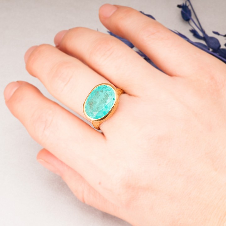 Paraiba Tourmaline Oval Taşlı Dövme Otantik Kadın Altın Kaplama Gümüş Yüzük