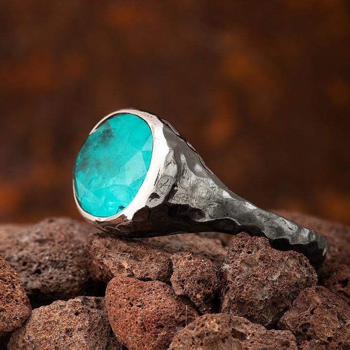 Paraiba Tourmaline Oval Taşlı Dövme Otantik Oksitli Kadın Gümüş Yüzük