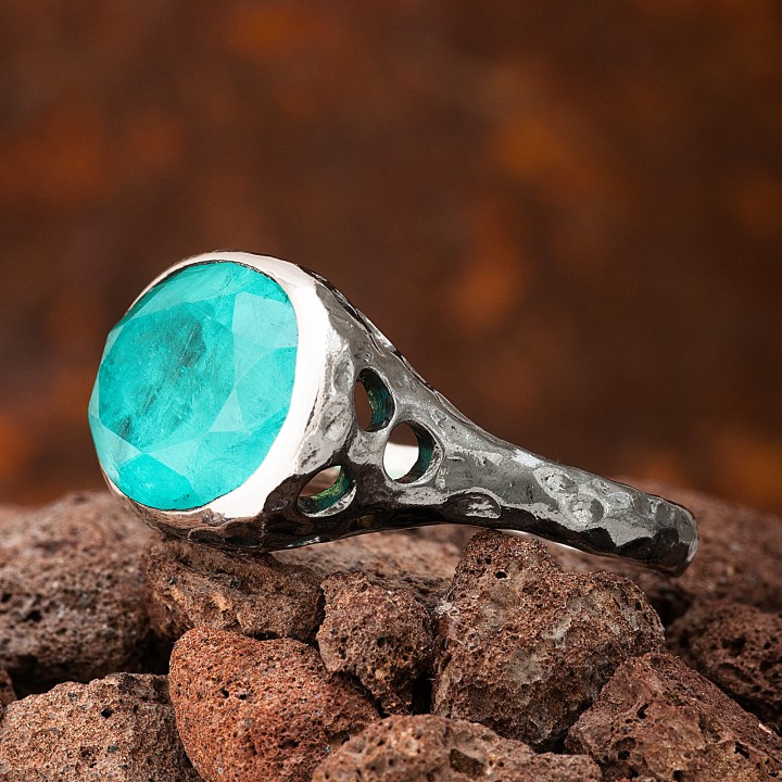 Paraiba Tourmaline Oval Taşlı Delikli Otantik Oksitli Kadın Gümüş Yüzük