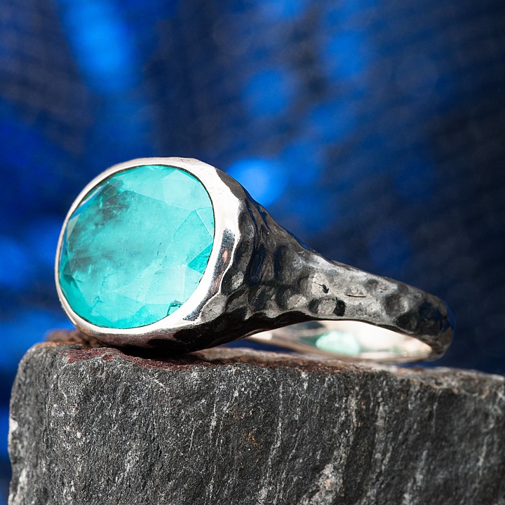 Paraiba Tourmaline Oval Taşlı Dövme Otantik Oksitli Kadın Gümüş Yüzük