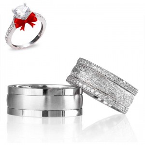 Simli Taşlı Gümüş Bombeli Gümüş Alyans Çifti