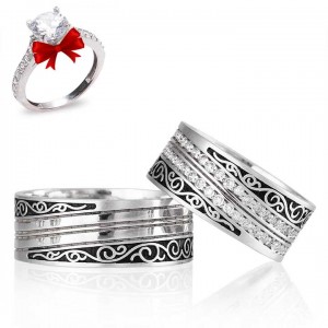 Vena Modeli Siyah Taşlı Gümüş Alyans Çifti