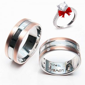  Çizgili Rose Model Gümüş Alyans Çifti + Tek Taş HEDİYE